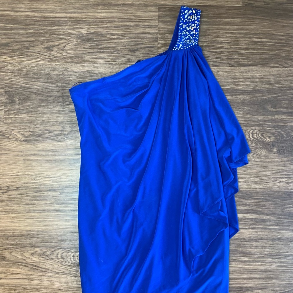 Cache Royal Blue One Shoulder Cocktail Dress with Rhinestone Accents